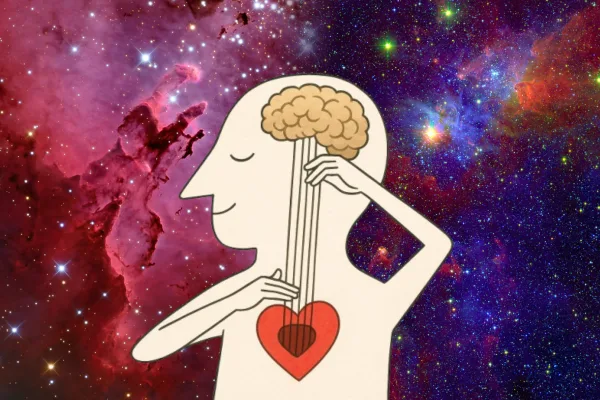 Ilustração artística de uma figura humana afinando cordas entre o cérebro e o coração, simbolizando a conexão mente e corpo em harmonia com a natureza.