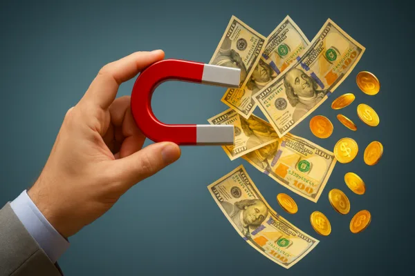 Mão segurando um ímã atraindo notas de dólar e moedas douradas com brilho, representando a Lei da Atração.