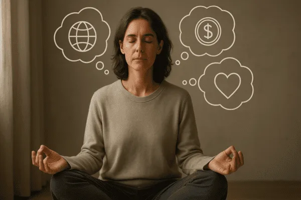 Mulher meditando enquanto pratica visualização criativa de metas, com balões de pensamento representando prosperidade e abundância.