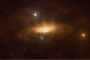 Imagem de um buraco negro supermassivo, rodeado por um disco de gás incandescente.
