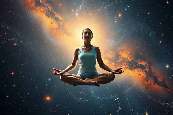 Pessoa meditando em um universo interior, simbolizando a conexão entre espiritualidade, autoconhecimento e energia cósmica.