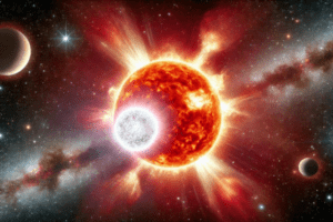 Representação artística da explosão termonuclear na estrela T Coronae Borealis, conhecida como Blaze Star.