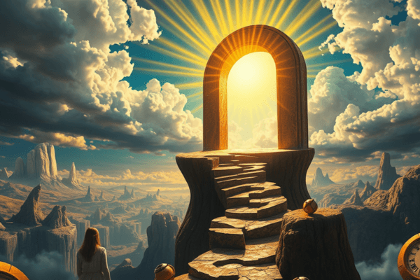 Portal surrealista no céu com raios de luz dourada emanando, cercado por paisagens oníricas, relógios derretidos e figuras etéreas, simbolizando transcendência e espiritualidade.