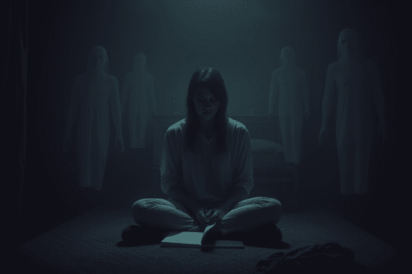 Mulher médium em estado de tranquilidade, sentada em um ambiente calmo com aura suave e espíritos transparentes ao fundo, simbolizando a conexão entre a mediunidade e a espiritualidade.