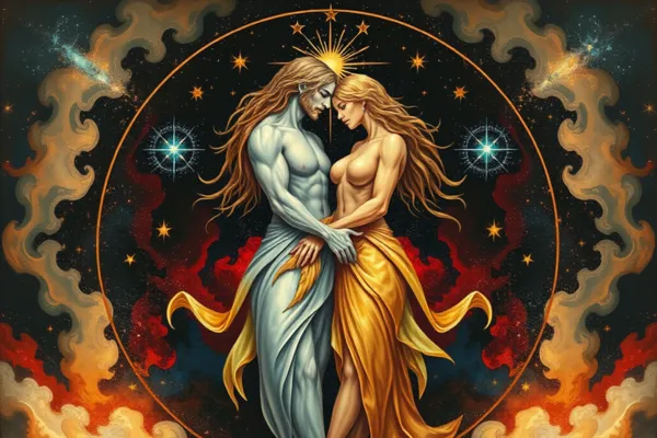 Representação simbólica da união das energias masculina e feminina no Tantra, com figuras entrelaçadas cercadas por elementos cósmicos como estrelas e galáxias, ilustrando a conexão espiritual e a harmonia universal.