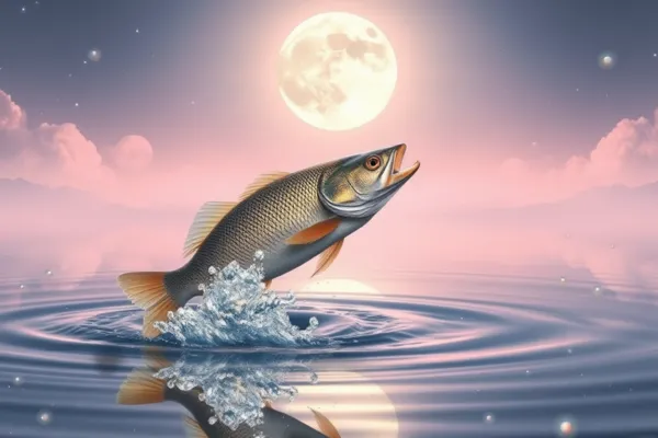 Imagem onírica de um bacalhau dourado flutuando em um céu estrelado, representando o significado espiritual de sonhar com bacalhau. Cores vibrantes e detalhes surrealistas.