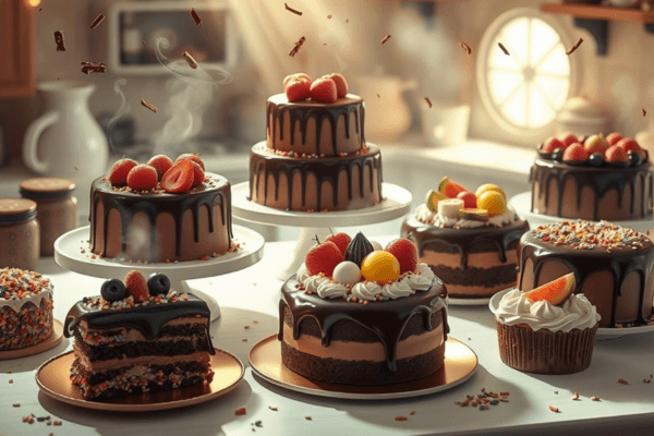 Imagem onírica de sonhar com bolo de chocolate com diferentes coberturas em uma cozinha mágica.