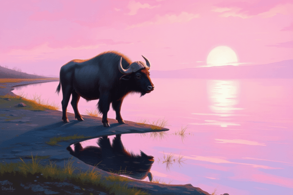 Imagem surreal de um búfalo majestoso sob a luz da lua, simbolizando sonhar com búfalo, interpretação dos sonhos e espiritualidade. O búfalo branco flutua sobre um lago espelhado, cercado por estrelas e nuvens abstratas, representando pureza e conexão espiritual.