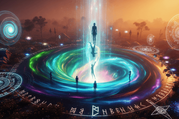 Imagem onírica de uma pessoa diante de um portal colorido, ilustrando sonhar com buraco mundo espiritual e autoconhecimento.