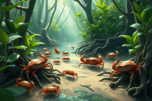 Imagem onírica de sonhar com caranguejos em um mangue, cercados por plantas verdes vibrantes.
