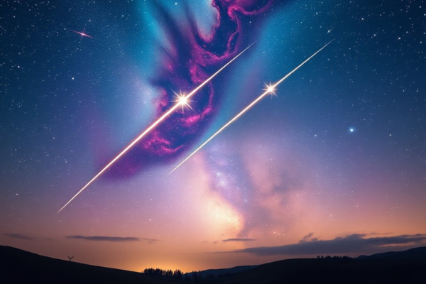 Sonhar com estrela cadente: Duas estrelas cadentes em um céu noturno estrelado com nebulosas coloridas e um ambiente onírico.
