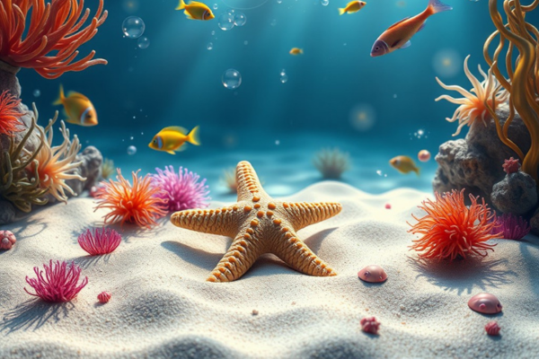 Imagem onírica representando sonhar com estrela do mar em um fundo marinho, cercada por fauna marinha vibrante e luz suave.