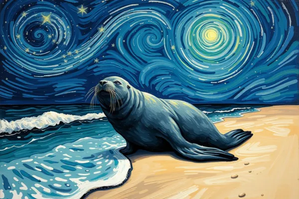 Imagem de uma foca nadando em um oceano sereno, representando o significado de sonhar com foca: liberdade, alegria e conexão espiritual. Arte impressionista.