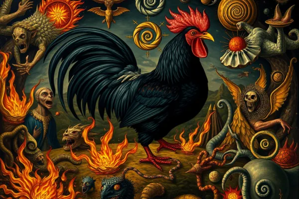 Imagem surreal de um galo preto em um cenário caótico e místico, representando o significado de sonhar com galo preto e temas como conflitos internos e transformações.