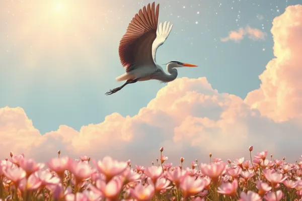 Imagem de uma garça voando sobre um céu estrelado com nuvens coloridas, simbolizando liberdade e transcendência espiritual.