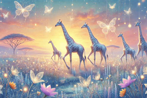 Girafas em um cenário mágico de savana, com céu em tons pastéis, flores brilhantes e borboletas flutuantes, evocando a atmosfera de sonhar com girafa.
