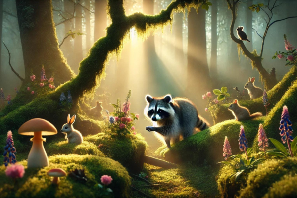 O significado de sonhar com Guaxinim. Guaxinim curioso explorando suavemente entre árvores cobertas de musgo e flores brilhantes na floresta ao amanhecer.