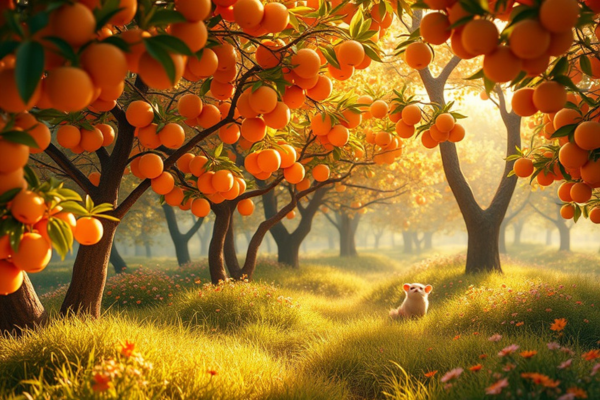Bosque encantado com laranjeiras cheias de laranjas mágicas, representando o tema sonhar com laranja.