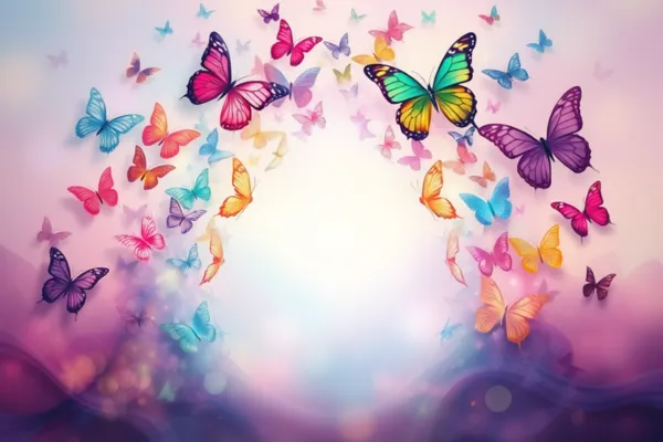 Sonhar com Mariposa: Portal etéreo formado por mariposas entrelaçadas em um espectro de cores, levando a um reino onírico.