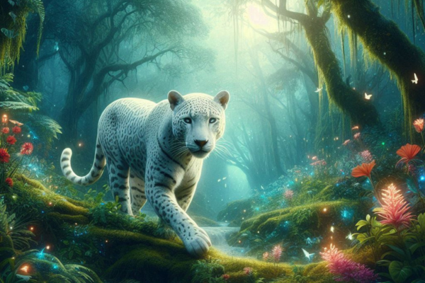 Imagem onírica de uma onça branca majestosa em uma floresta mágica, cercada por flores brilhantes e névoa suave.