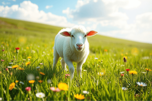 Imagem onírica de uma ovelha branca pastando em um campo verde, evocando a sensação de sonhar com ovelha branca.