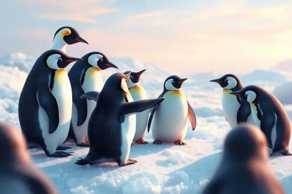 Imagem onírica de pinguins brincando em um glaciar, evocando a sensação de sonhar com pinguim.
