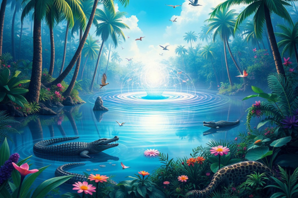 Redemoinho vibrante em um lago tropical, representando o tema sonhar com redemoinho.