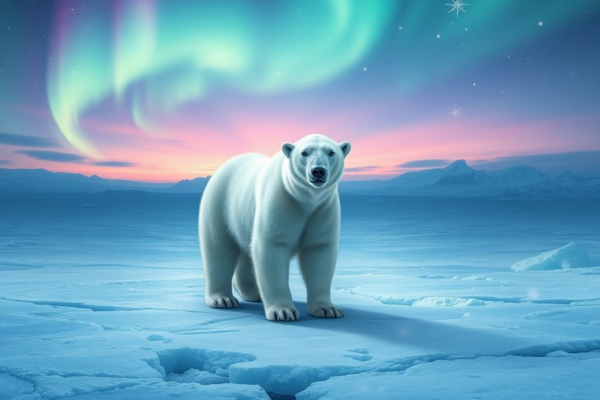 Urso polar majestoso em uma paisagem ártica onírica, representando o tema sonhar com urso polar.