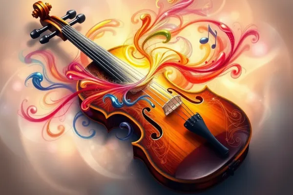 Representação abstrata de um violino com padrões coloridos e espirais, simbolizando a conexão entre sonhar com violino e espiritualidade, em um fundo suave e onírico.