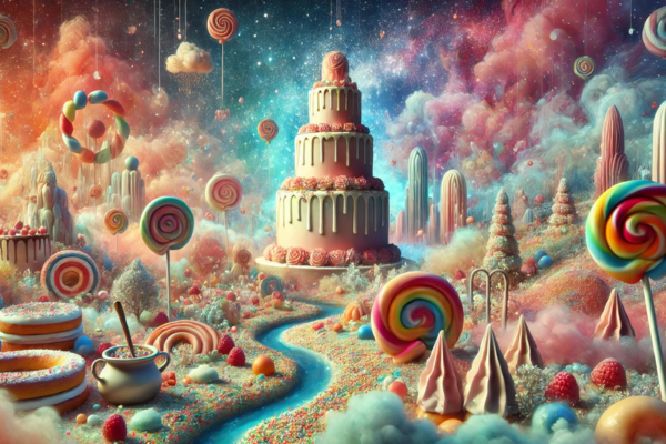 Uma paisagem que representa o sonho cheia de doces, com bolos altos, balas coloridas e doces delicados, tudo em cores vibrantes e suaves. Detalhes etéreos, como cobertura com brilho de poeira estelar, nuvens de doces flutuando no céu e um riacho de chocolate que serpenteia pela cena, evocam sentimentos de alegria e nostalgia.