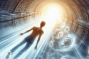 Pessoa flutuando em um túnel de luz brilhante, cercada por memórias e rostos familiares, em uma experiência de quase morte.