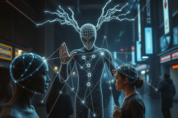 Ilustração realista de um Arconte manipulando fios invisíveis conectados a consciências humanas, representando a influência oculta na espiritualidade e no pensamento coletivo.