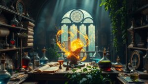 Mesa com livros e poções de alquimia simbolizando a transmutação do chumbo em ouro, um processo central da alquimia.