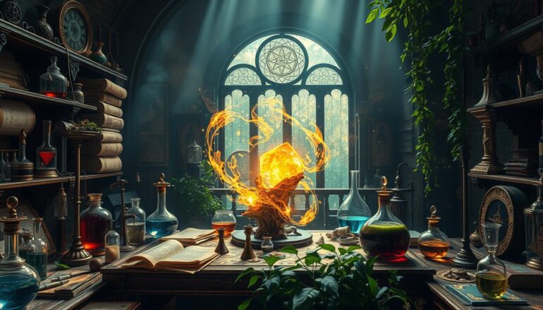 Mesa com livros e poções de alquimia simbolizando a transmutação do chumbo em ouro, um processo central da alquimia.