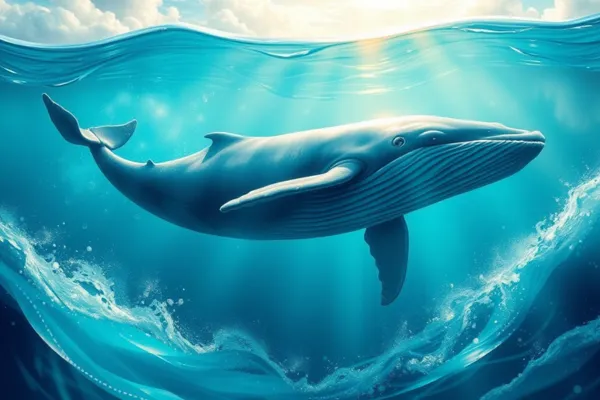 Imagem onírica de uma baleia majestosa nadando em um mar ensolarado, evocando a sensação de sonhar com baleia.