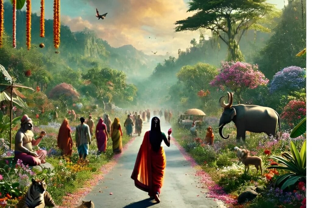Mulher hindu em trajes tradicionais caminhando durante o festival Navaratri em um ambiente verde e florido, com céu colorido e nuvens surreais.