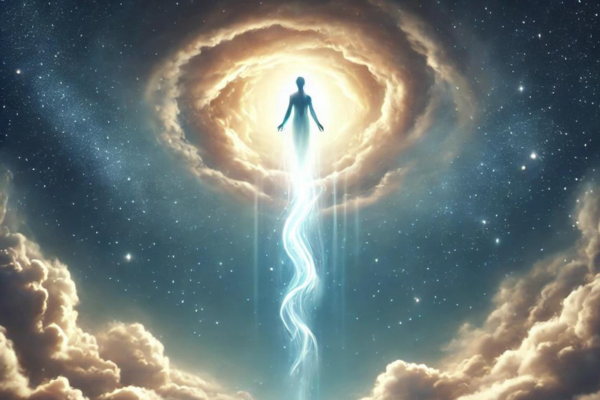 Reencarnação: A Chave para Entender a Vida, a Morte e o Progresso da Alma Feixe de luz espiritual representando a reencarnação descendo em direção à Terra.