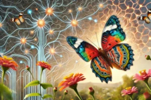 Borboleta Heliconius com estruturas cerebrais expandidas, cercada por circuitos neurais e flores, simbolizando habilidades cognitivas e aprendizado.