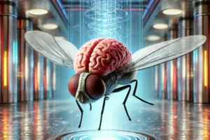 Imagem de uma mosca com um super cérebro metálico e brilhante, representando a neurociência e inteligência avançada.
