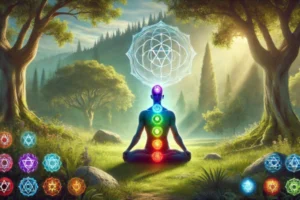 Pessoa meditando em posição de lótus com os 7 chakras alinhados ao longo da coluna em um ambiente natural.