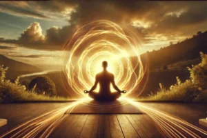 Pessoa meditando com uma aura dourada brilhante em volta do corpo, irradiando em direção ao céu, simbolizando conexão espiritual.