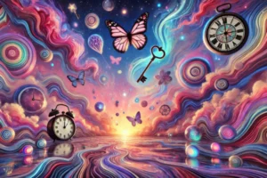 Uma paisagem surreal que exemplifica o Poder dos sonhos como força de cura emocional e transformação, com um céu caleidoscópico e símbolos flutuantes como chaves, borboletas e relógios.