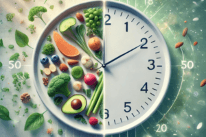 Ilustração de restrição calórica e longevidade com um prato equilibrado de comida saudável e um relógio simbolizando o tempo de vida.