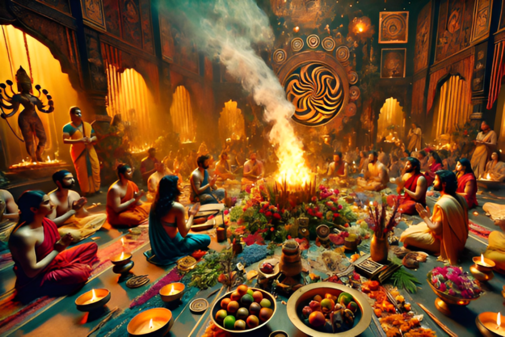 Shani Upaya:Equilíbrio e Superação de Desafios com Práticas Védicas Devotos realizando o ritual védico de Shani Upaya, cercados por flores coloridas e uma fogueira sagrada em um ambiente vibrante.