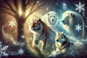 Imagem onírica de um tigre, leão, urso branco e lobo em uma floresta mágica, simbolizando a interpretação dos sonhos e sonhar com animais selvagens.