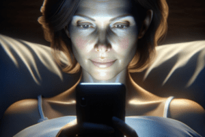 Mulher de 45 anos deitada na cama em um quarto escuro, olhando para a tela do celular com a luz artificial iluminando seu rosto.