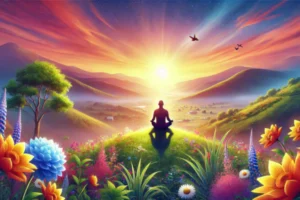 Pessoa sentada pacificamente no topo de uma colina durante o pôr do sol, observando um vale exuberante com flores desabrochando e pássaros no céu, simbolizando felicidade e paz interior.