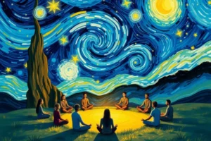 Grupo de pessoas meditando em círculo sob um céu estrelado, em um retiro de espiritualidade inspirado no estilo de Van Gogh, com pinceladas expressivas e cores vibrantes de azul, amarelo e branco.