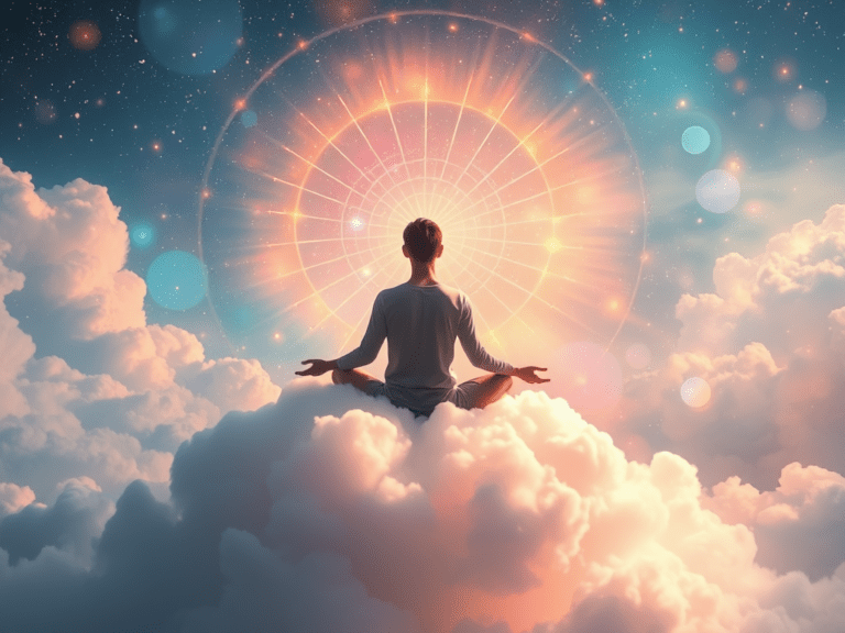 Uma figura sentada em uma nuvem, cercada por suaves e coloridas auras que se irradiam, simbolizando a energização espiritual e a paz interior.