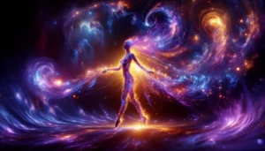 Ilustração de ser humano feito de galáxias dançando, representando a espiritualidade e a conexão entre vida e universo. Estilo psicodélico, cores vibrantes, alta definição.